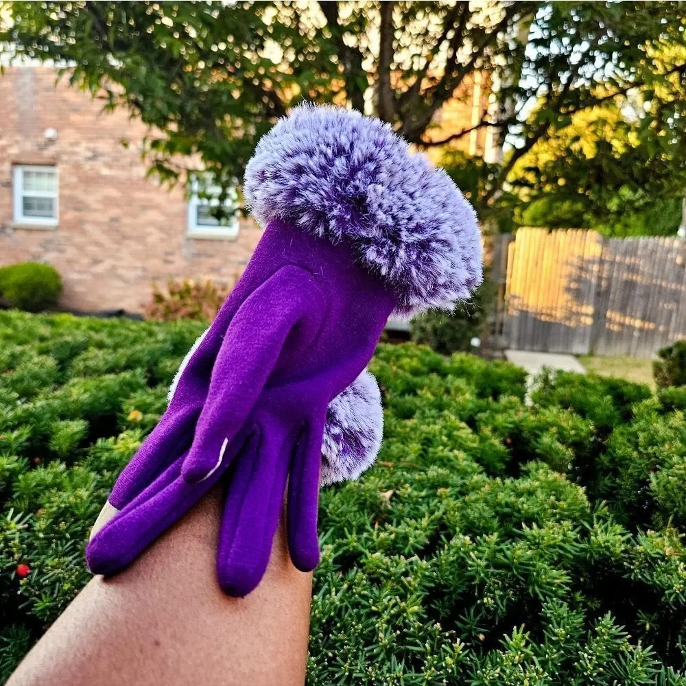 Purple Faux Fur Trim Text Capability Statement Gloves.